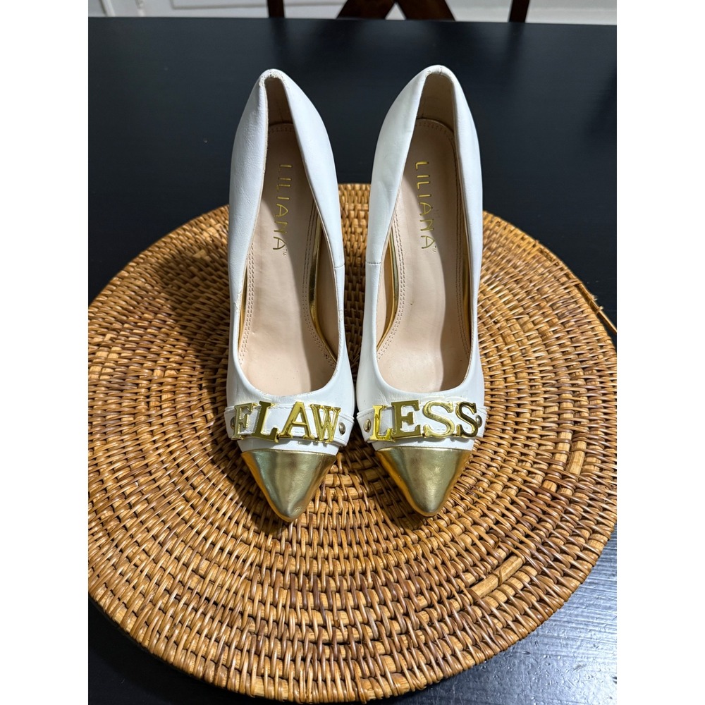 Liliana White Gold Flawless Flawless Lettering Pointed Toe Stiletto Pumps Heels